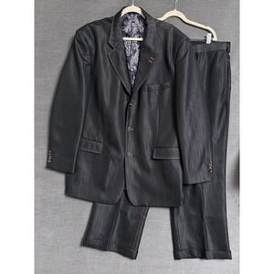 Blu Martini Suit 48R 42R Gray‎ Satiny Denim Twill Contrast Stitch Actual 50L 40W